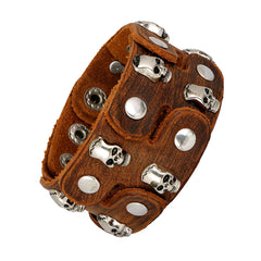 Funky Punk Skull Tan Brown Handcrafted Leather Wrist Band Bracelet Men