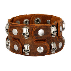 Funky Punk Skull Tan Brown Handcrafted Leather Wrist Band Bracelet Men