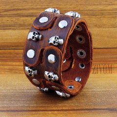 Funky Punk Skull Tan Brown Handcrafted Leather Wrist Band Bracelet Men