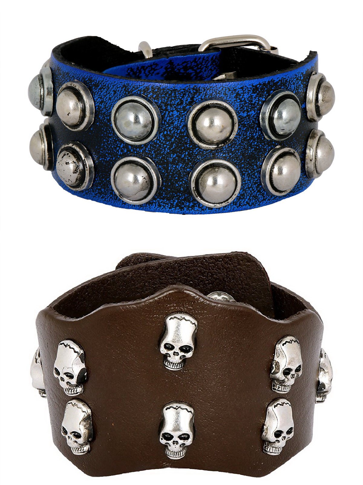 Casual Blue Black Funky Punk Skull Brown Leather Combo Bracelet