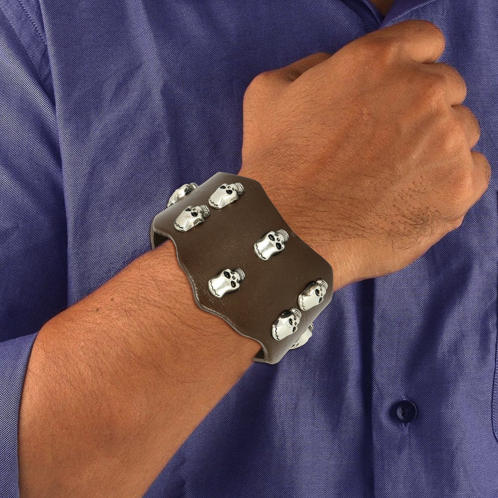 Casual Blue Black Funky Punk Skull Brown Leather Combo Bracelet