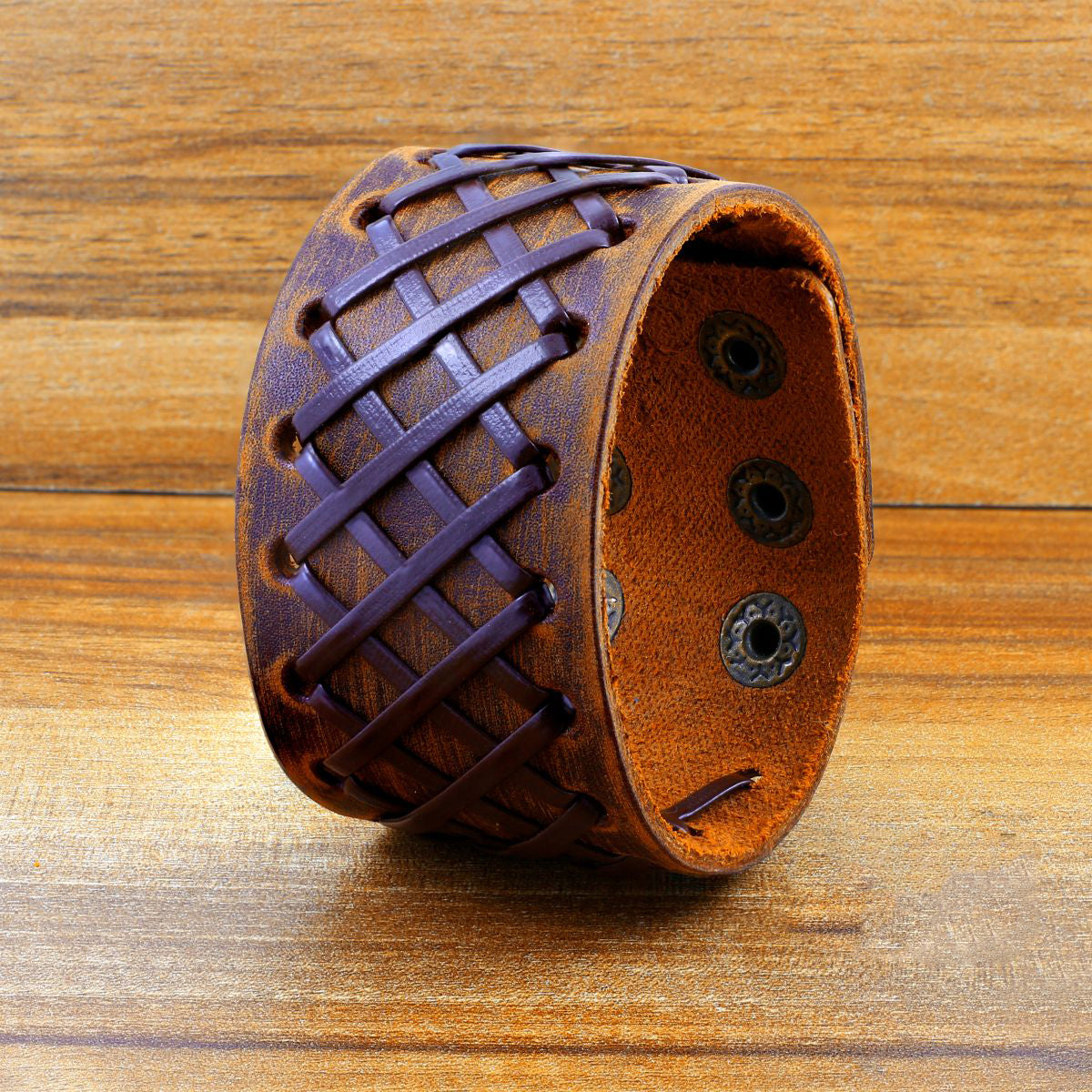 Stitched Braided Tan Brown Handcrafted Leather Wrist Band Bracelet Men