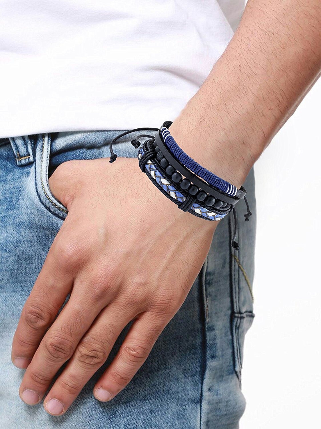 100% Genuine Black Leather Coconut Beads & Blue Black Dyed Rope Stylis ...