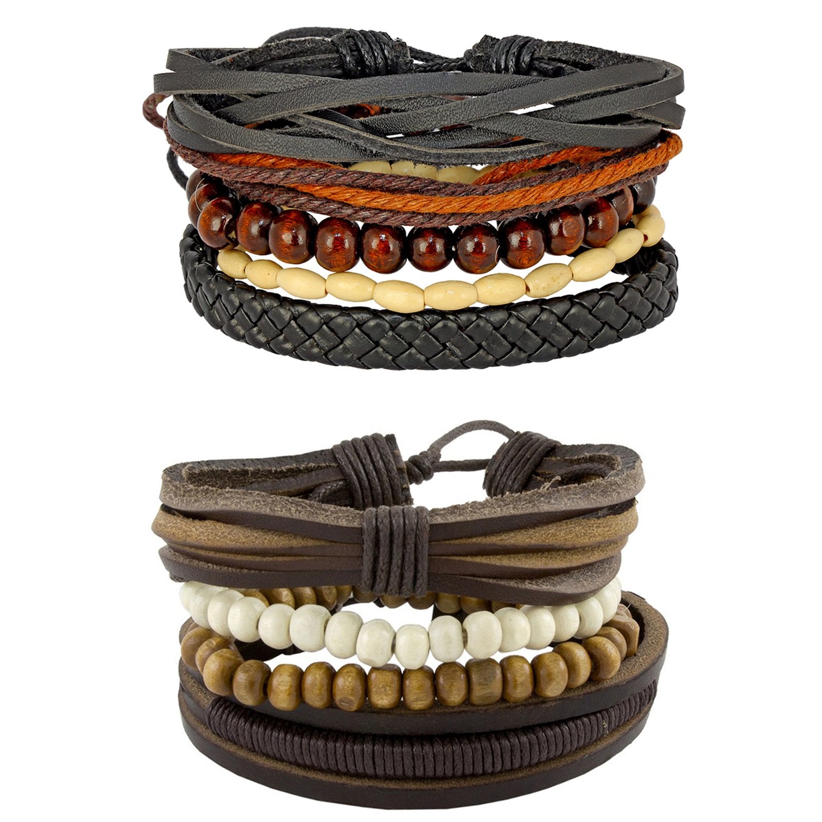 Leather Coconut Biker Brown Beads Strand Wrist Band Bracelet Combo