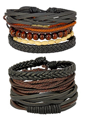 Black Leather Coconut Beads Wrist Band Strand Combo Bracelet