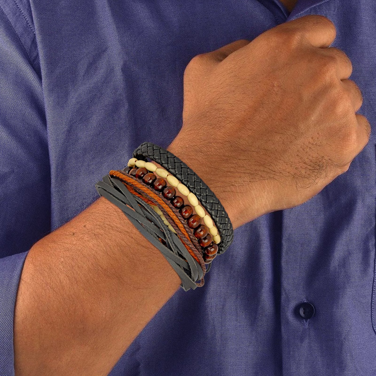 Black Leather Coconut Beads Casual Wrist Band Strand Combo Bracelet