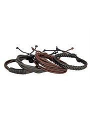 Black Leather Coconut Beads Casual Wrist Band Strand Combo Bracelet