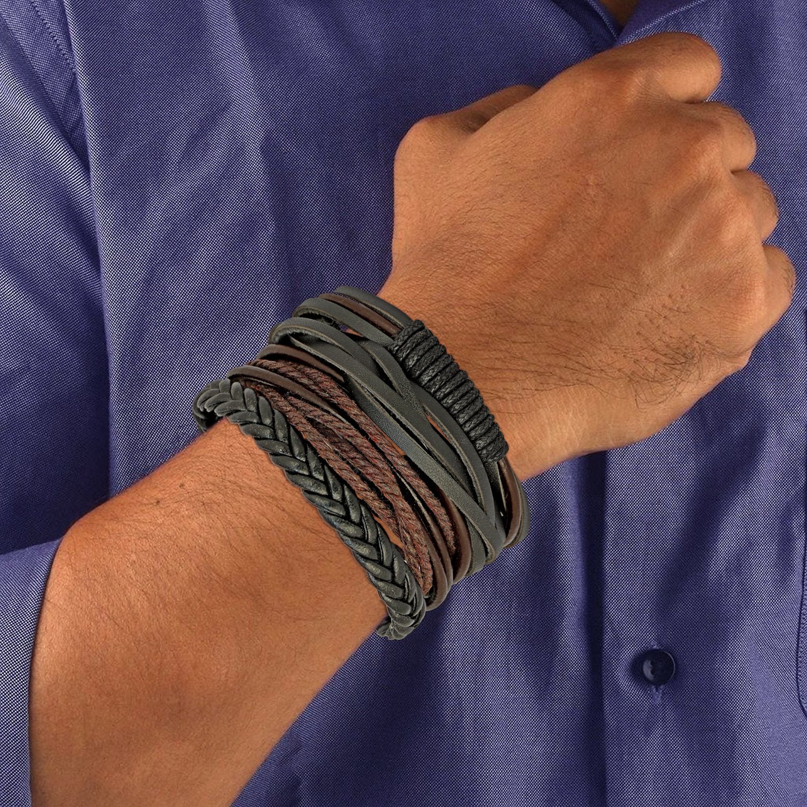 Black Leather Coconut Beads Casual Wrist Band Strand Combo Bracelet