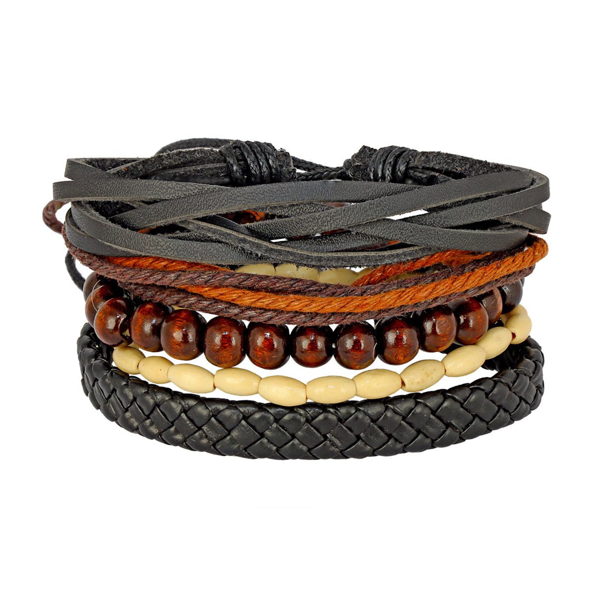 Black Leather Coconut Beads Casual Wrist Band Strand Bracelet Men