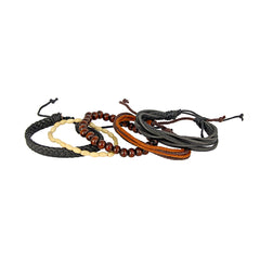 Black Leather Coconut Beads Casual Wrist Band Strand Bracelet Men
