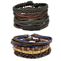 Leather Brown Vintage Biker Multistrand Wrist Band Bracelet Combo