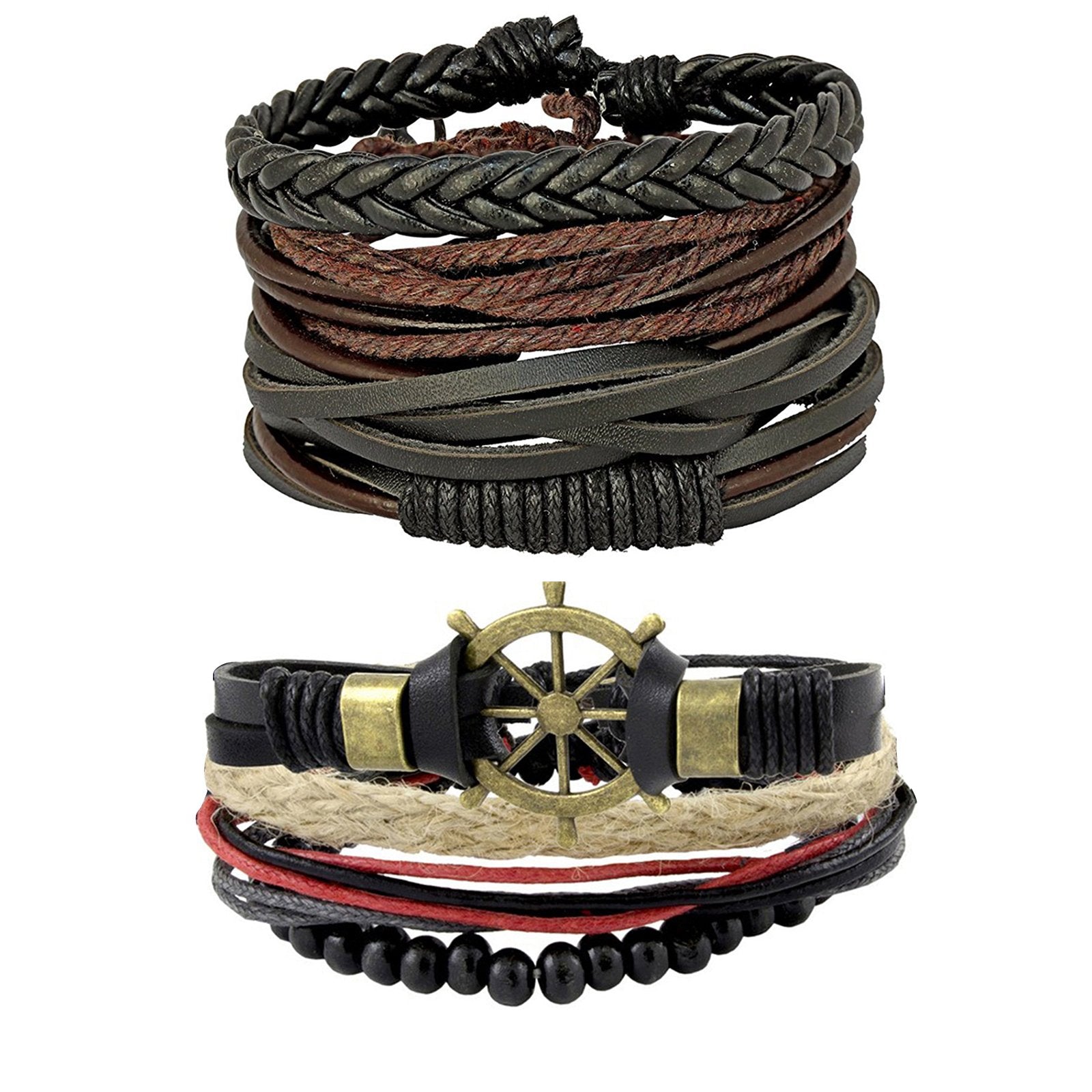 Leather Brown Vintage Thread Multistrand Wrist Band Bracelet Combo