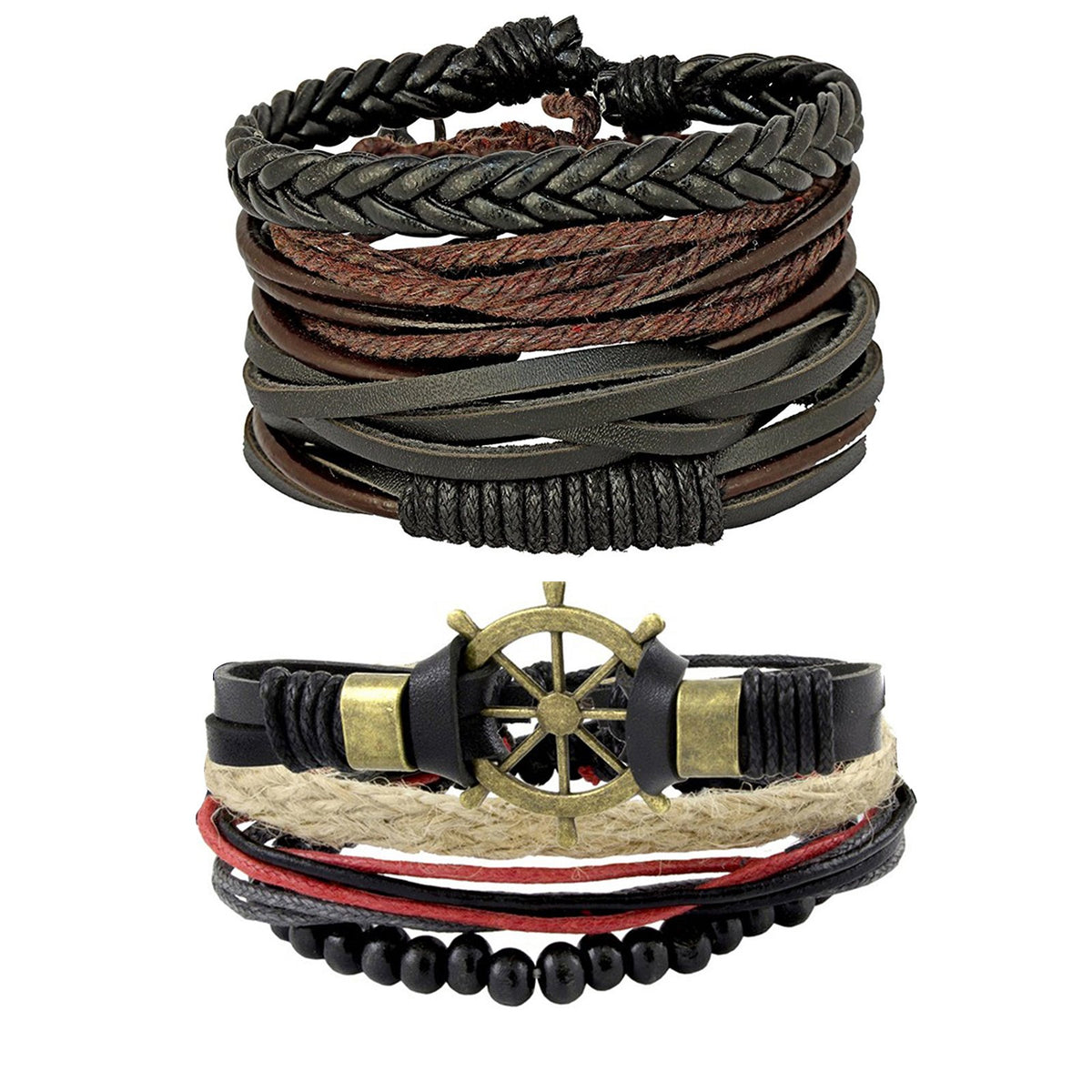 Leather Brown Vintage Thread Multistrand Wrist Band Bracelet Combo