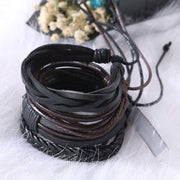 Stylish Black Leather Brown Wrist Band Strand Bracelet Men