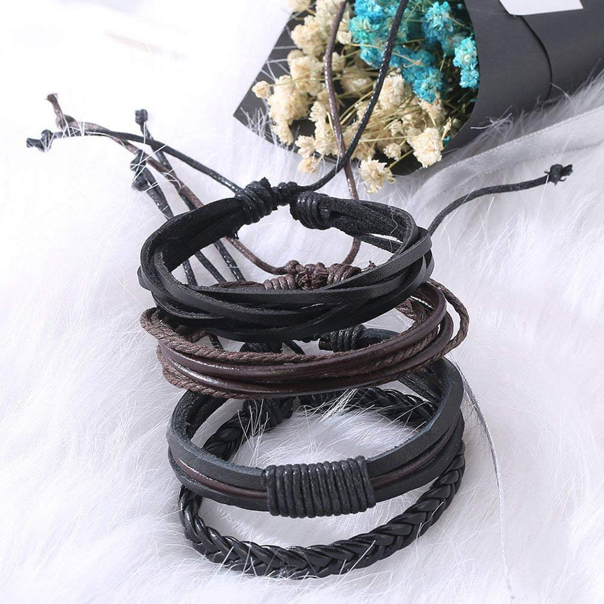 Leather Peace Brown Multistrand Wrist Band Bracelet Combo 