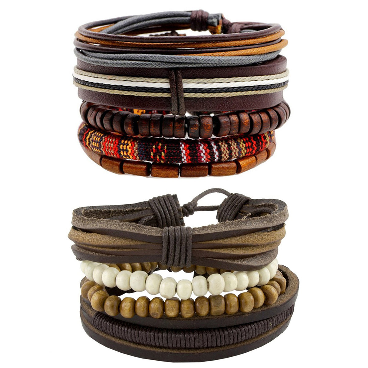 Leather Brown Coconut Biker Beads Strand Wrist Band Bracelet Combo