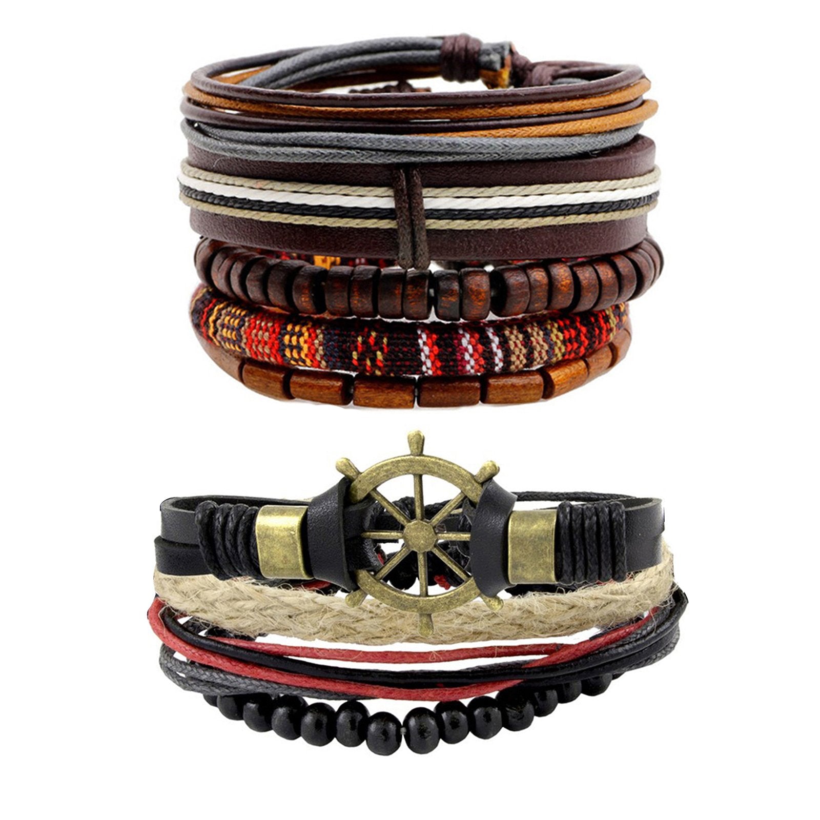 Leather Brown Coconut Thread Multistrand Wrist Band Bracelet Combo