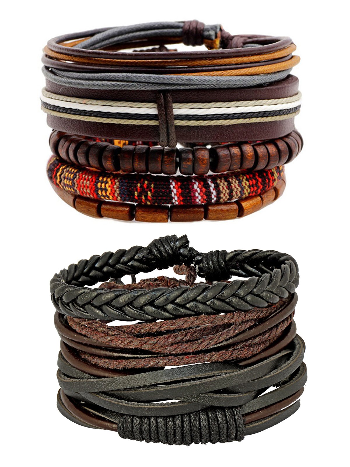 100% Genuine Brown Leather Coconut Beads Dyed Rope Casual Wrist Band Strand Combo Pack Of 2 Bracelet Boys Men