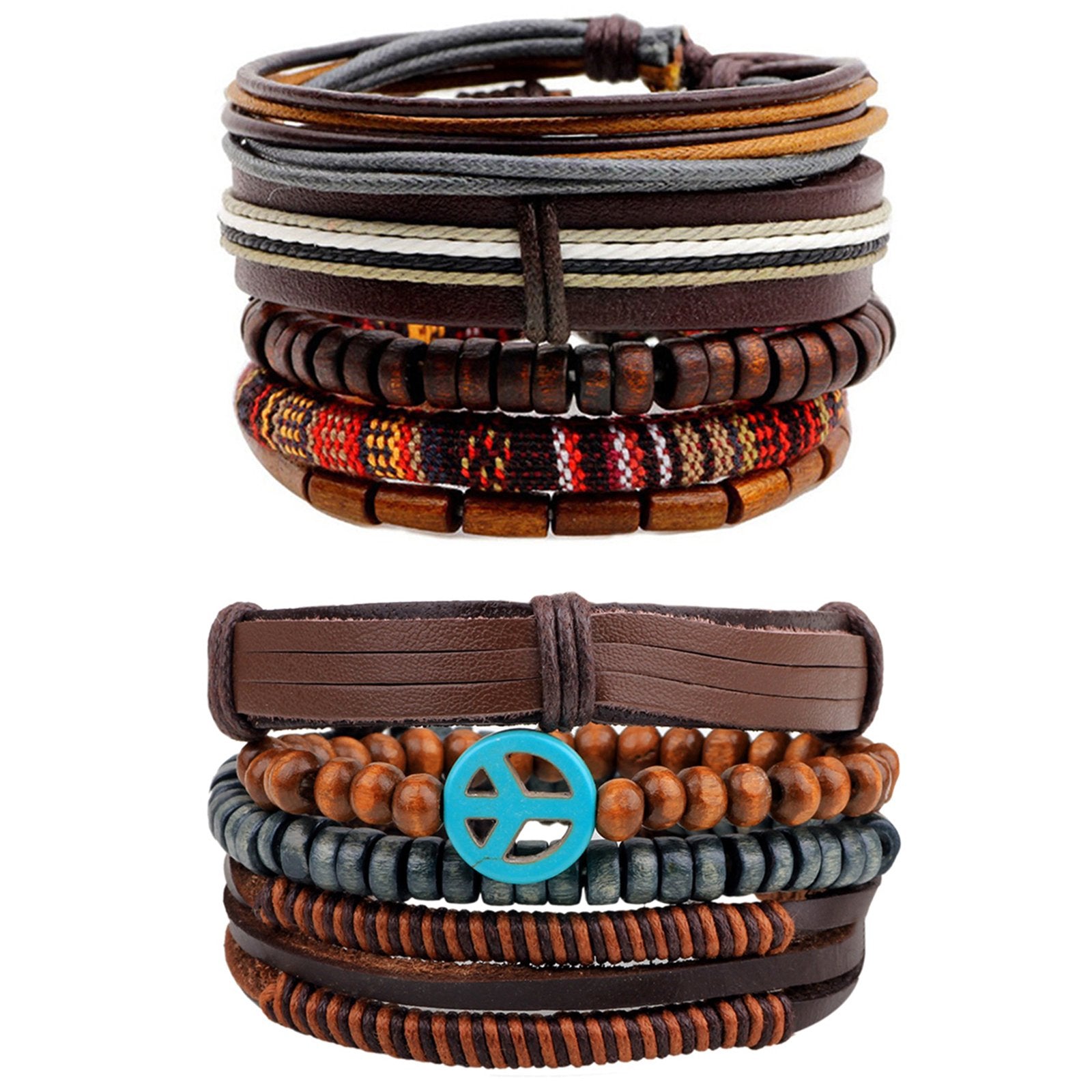 Leather Brown Coconut Peace Multistrand Wrist Band Bracelet Combo
