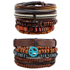 Leather Brown Coconut Peace Multistrand Wrist Band Bracelet Combo