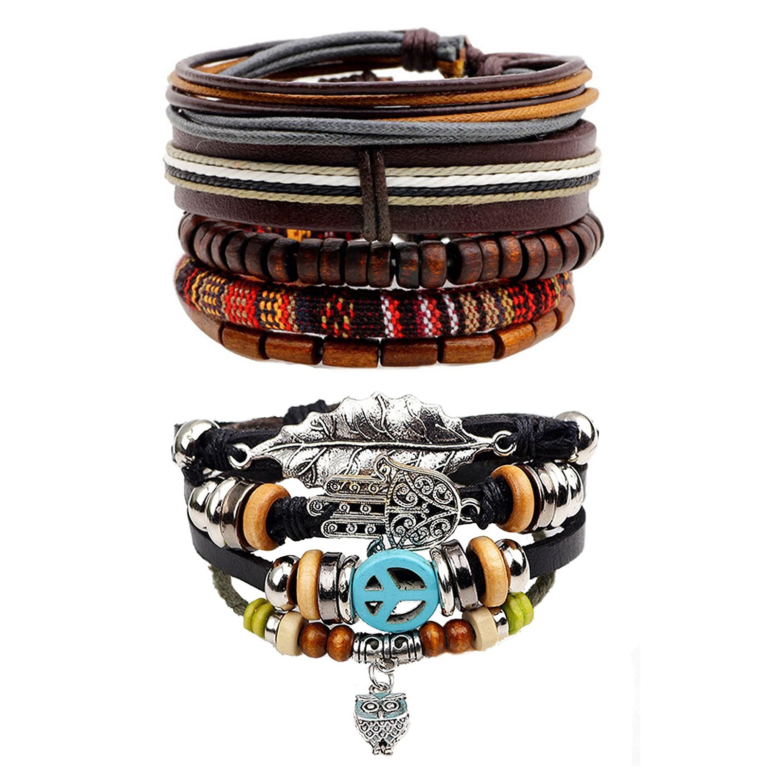 Leather Brown Hamsa Peace Owl Charm Strand Wrist Band Bracelet Combo