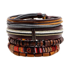 Brown Leather Coconut Beads Casual Wrist Band Strand Bracelet Men