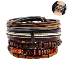 Brown Leather Coconut Beads Casual Wrist Band Strand Bracelet Men