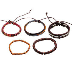 Brown Leather Coconut Beads Casual Wrist Band Strand Bracelet Men