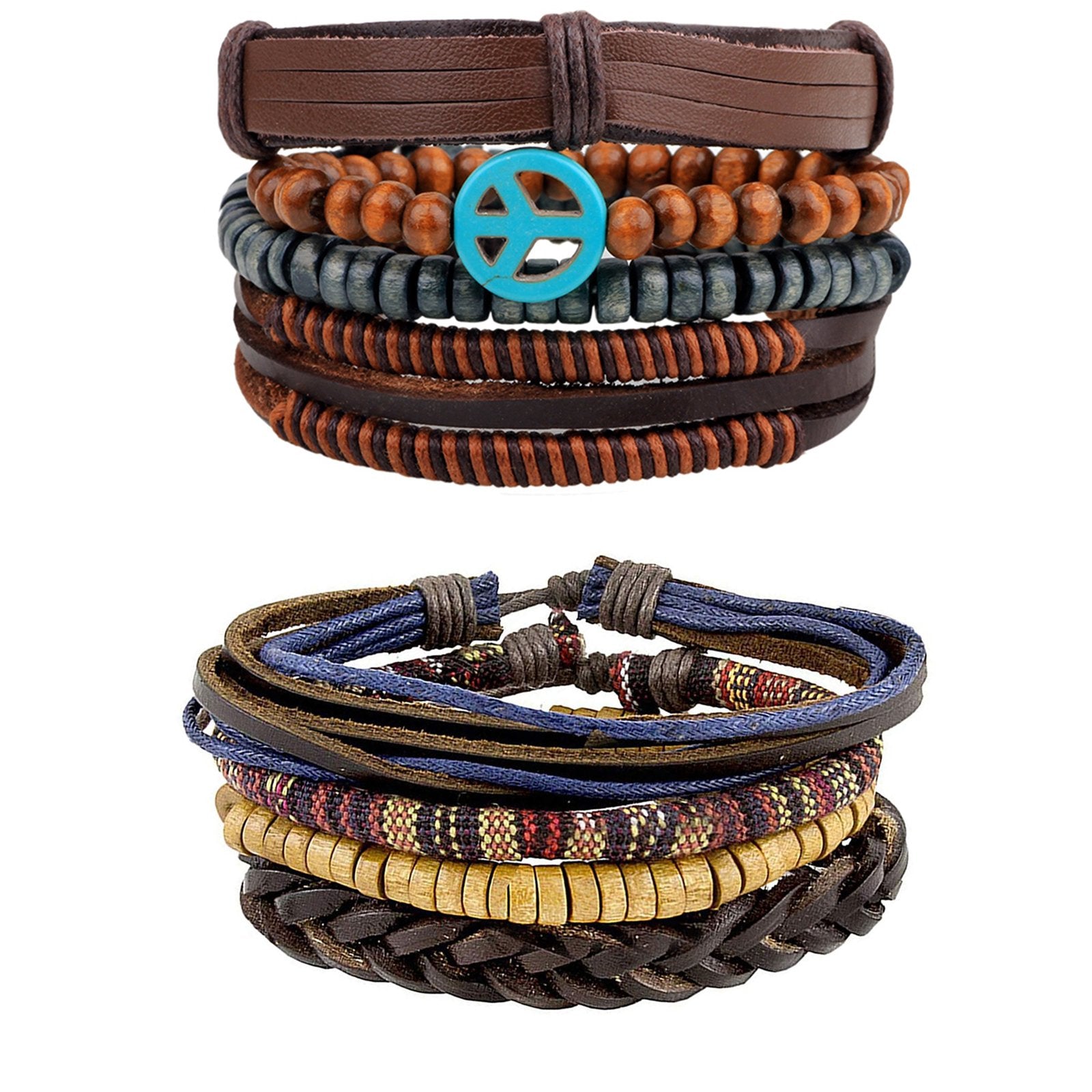 Leather Peace Brown Biker Multistrand Wrist Band Bracelet Combo