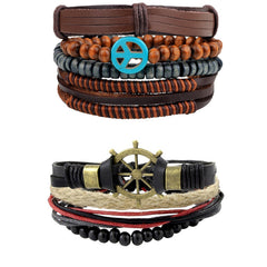 Leather Peace Brown Thread Multistrand Wrist Band Bracelet Combo