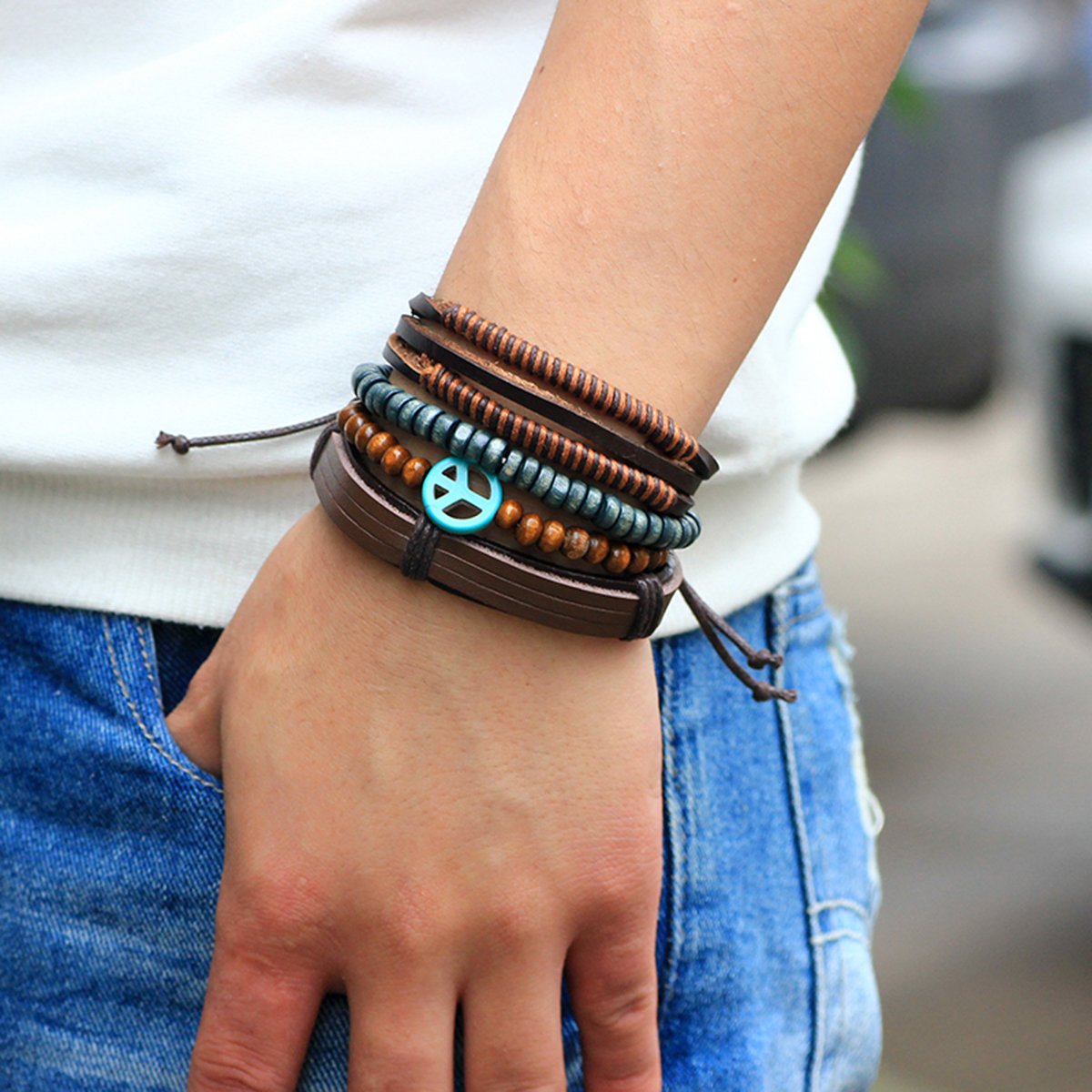 Leather Peace Brown  Thread Multistrand Wrist Band Bracelet Combo 