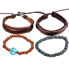 Leather Feather Peace  Charm Brown Strand Wrist Band Bracelet Combo