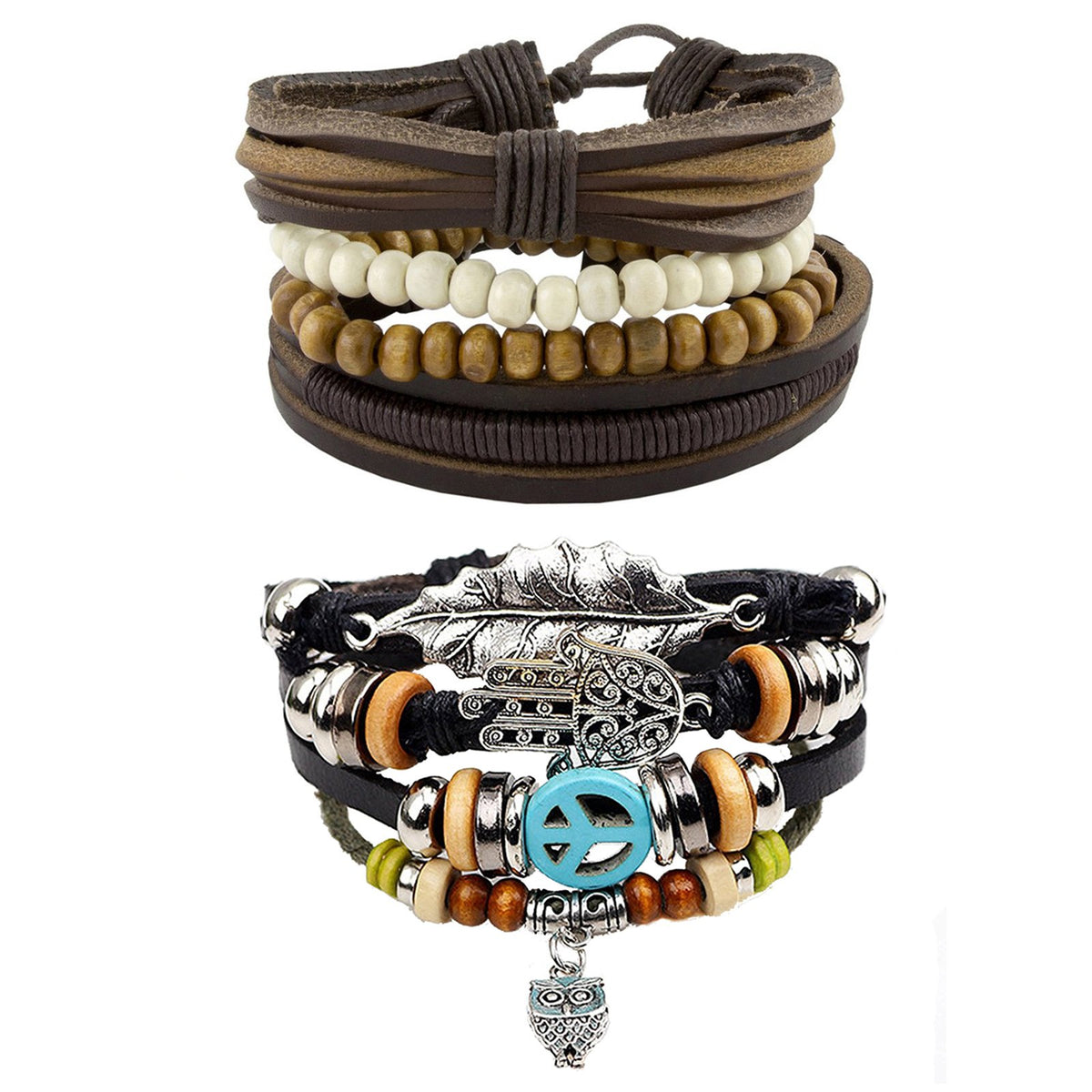 Leather Hamsa Peace Charm Biker Beads Strand Wrist Band Bracelet Combo