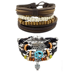 Leather Hamsa Peace Charm Biker Beads Strand Wrist Band Bracelet Combo