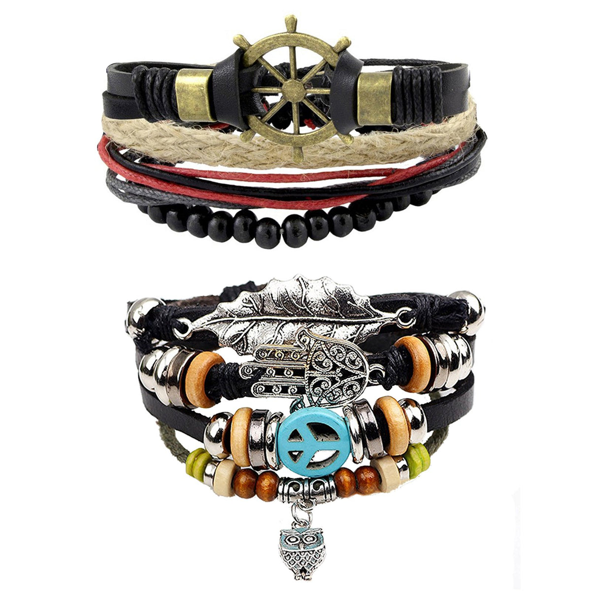 Leather Hamsa Peace Owl Charm Thread Strand Wrist Band Bracelet Combo