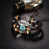 Black Leather Hamsa Peace Charm Wrist Band Multi Strand Bracelet
