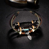 Black Leather Hamsa Peace Charm Wrist Band Multi Strand Bracelet