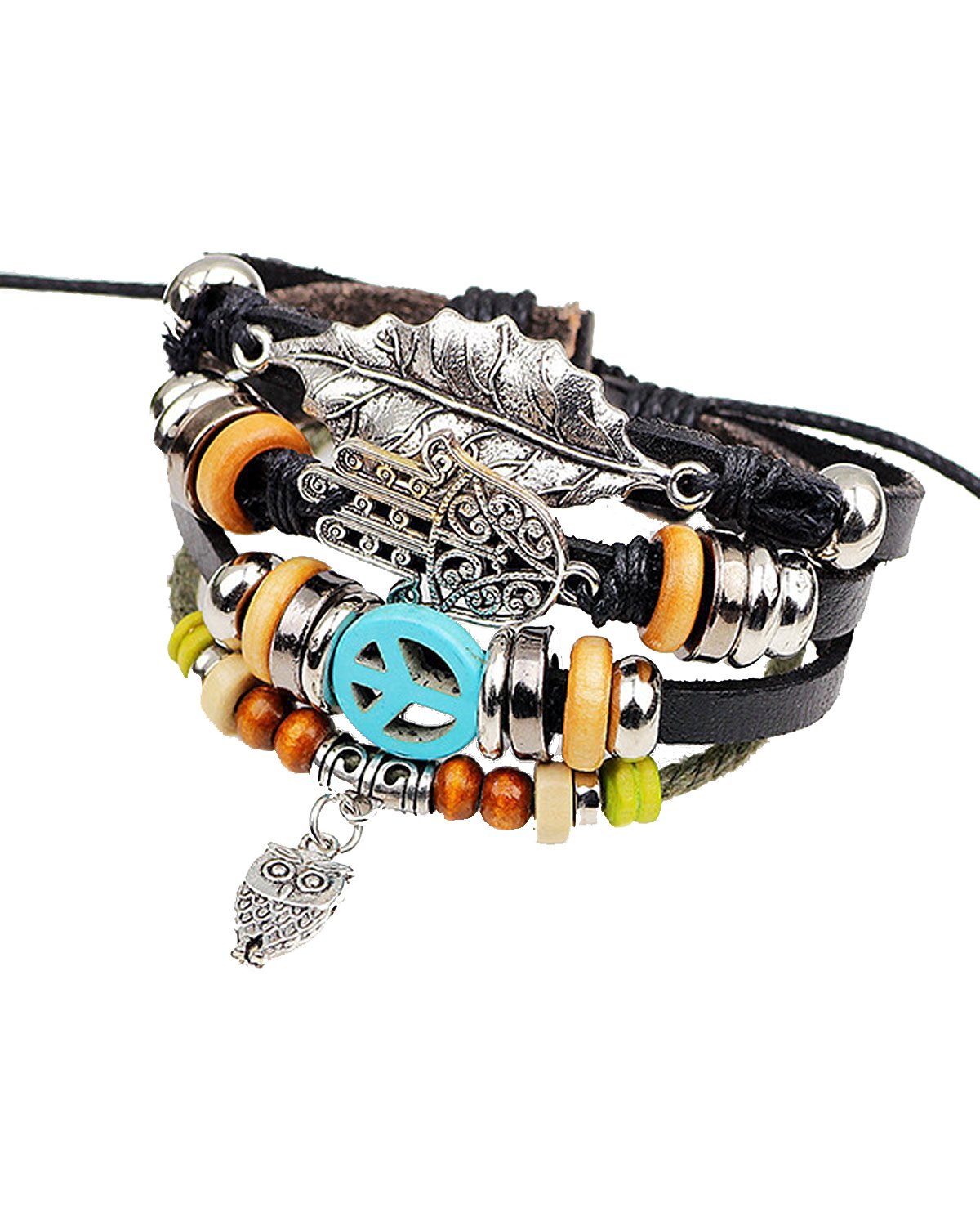 Leather Feather Peace  Brown Hamsa  Strand Wrist Band Bracelet Combo