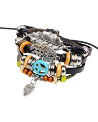 Leather Feather Peace  Brown Hamsa  Strand Wrist Band Bracelet Combo