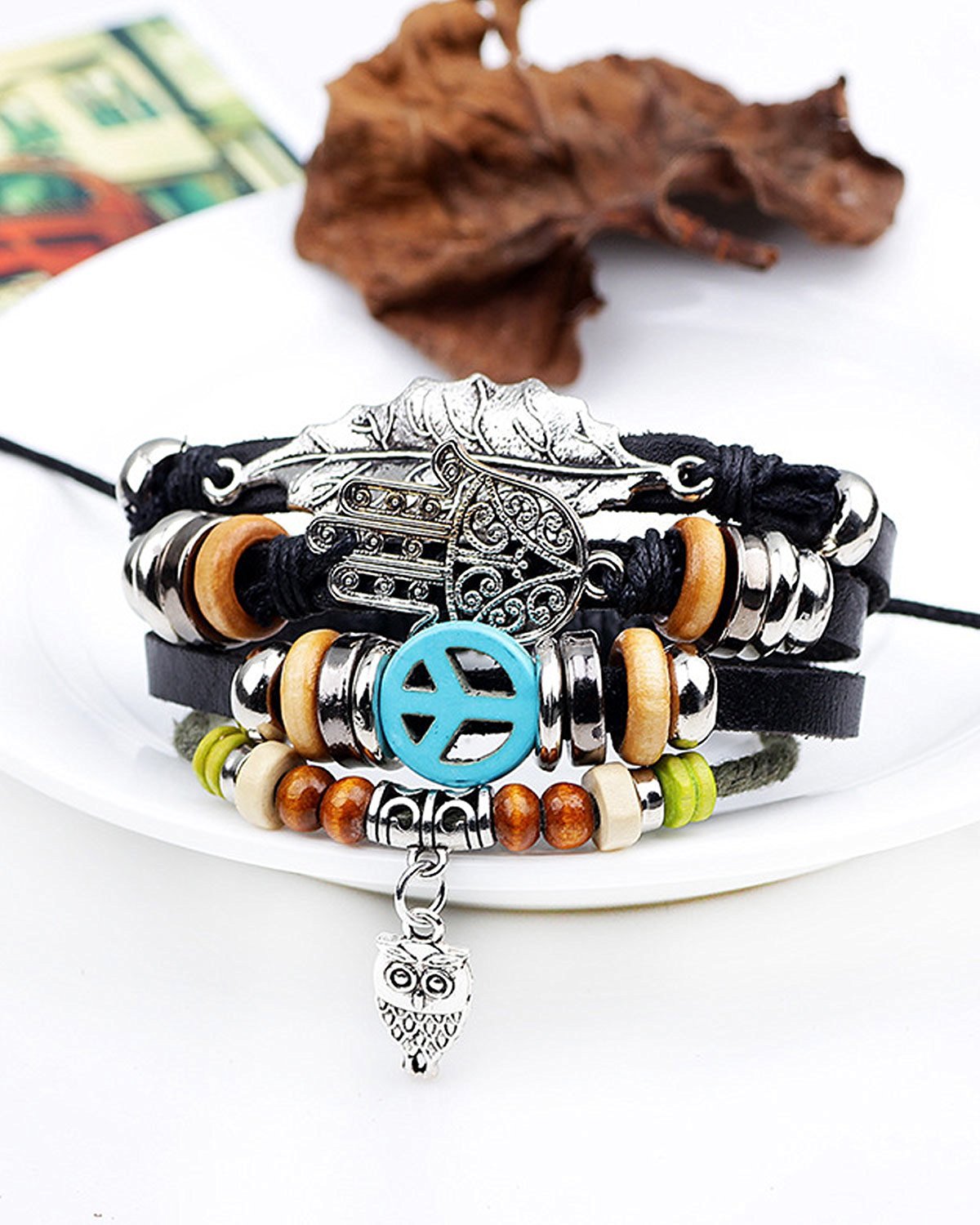 Leather Hamsa Peace Owl Charm Thread Strand Wrist Band Bracelet Combo