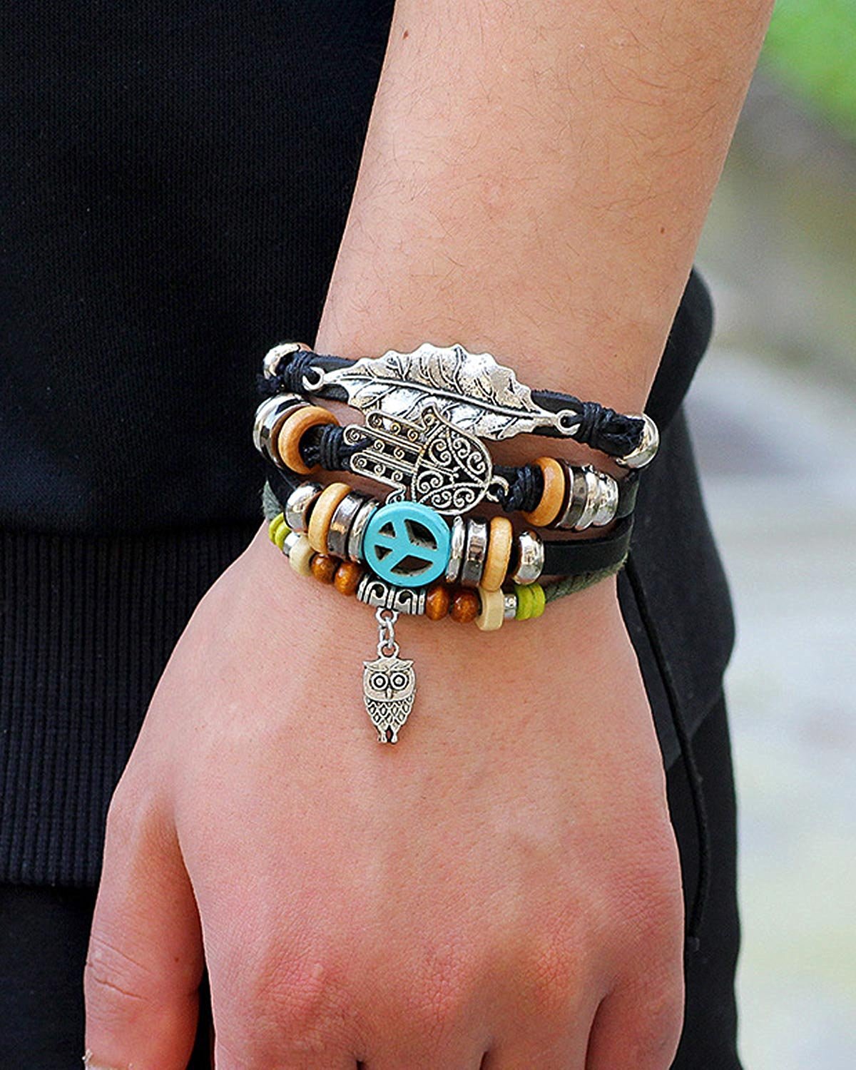 Leather Hamsa Peace Owl Charm Thread Strand Wrist Band Bracelet Combo