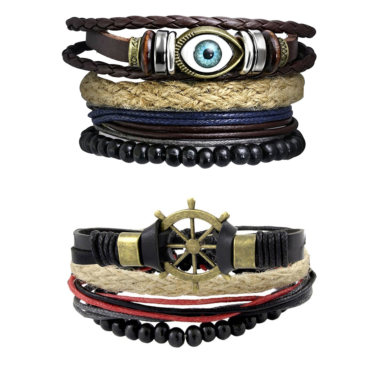 Leather Eyes Layer Made Charm Thread Strand Wrist Band Bracelet Combo