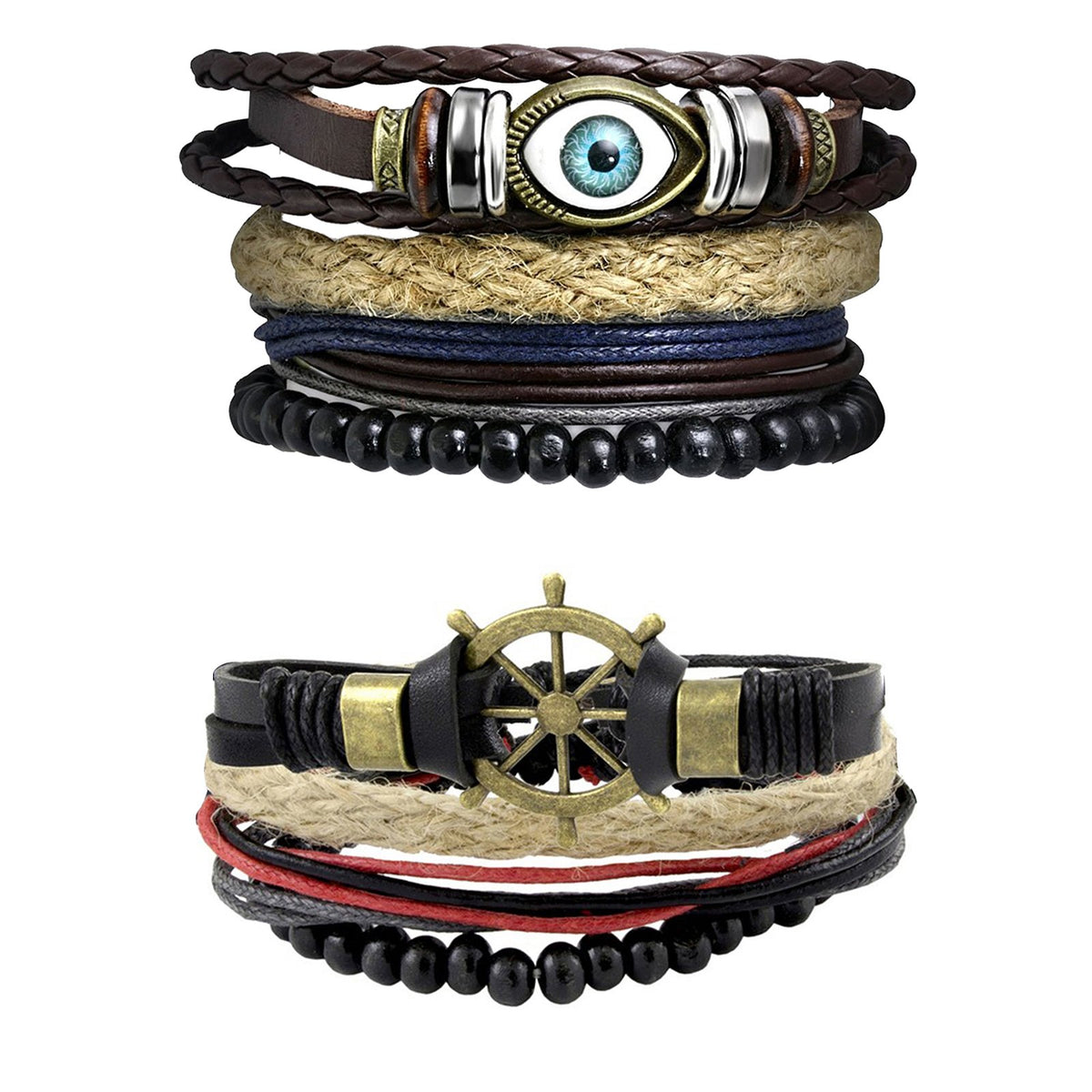 Leather Eyes Layer Made Charm Thread Strand Wrist Band Bracelet Combo