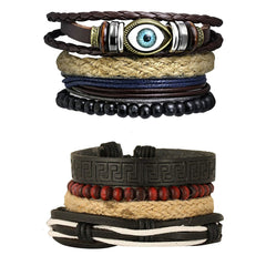 Leather Eyes Multilayer Made Charm Strand Wrist Band Bracelet Combo