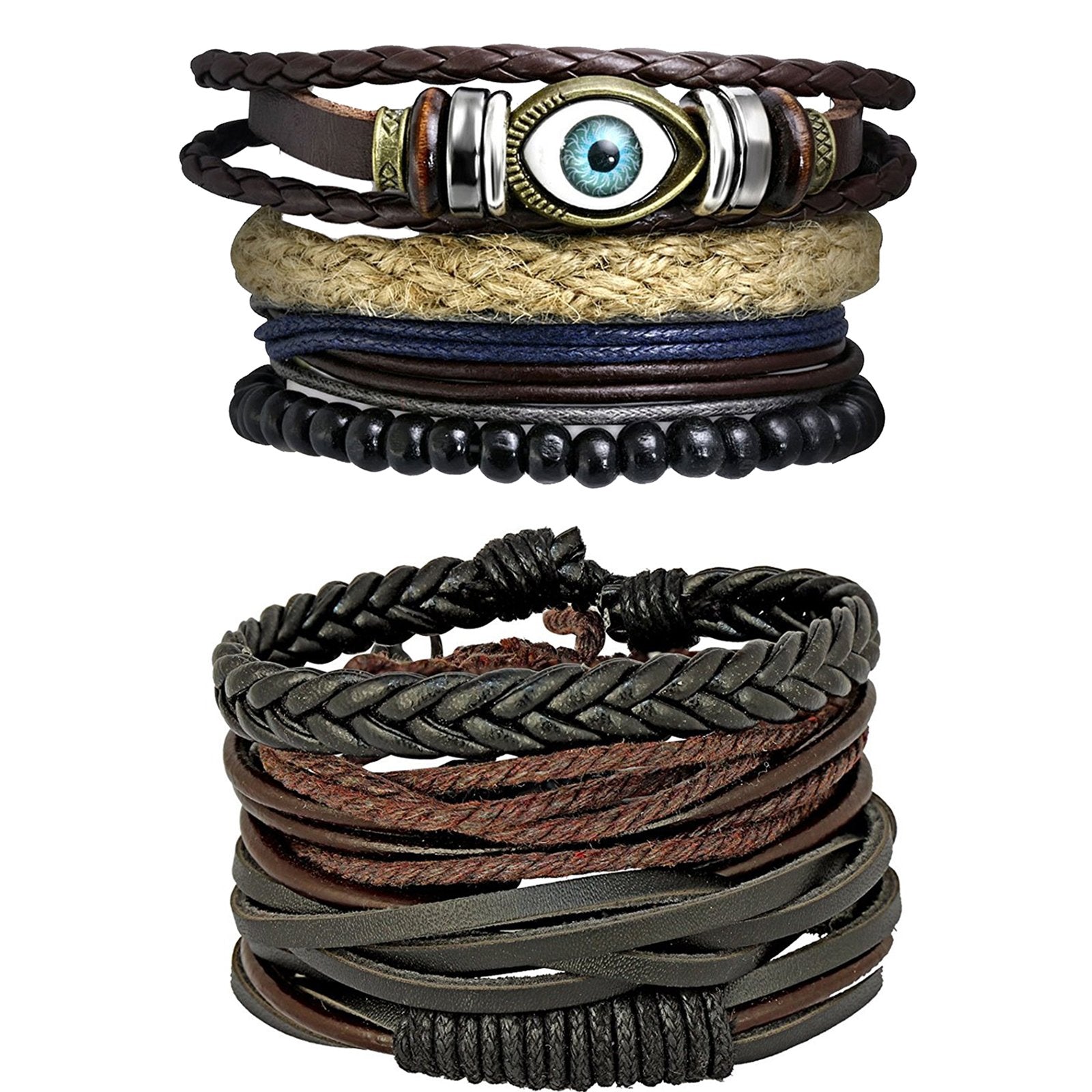 Leather Eyes Layer Made Charm Brown Strand Wrist Band Bracelet Combo