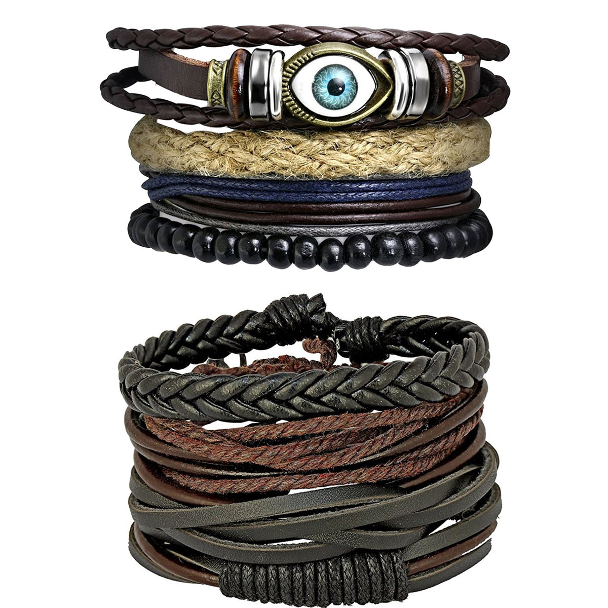 Leather Eyes Layer Made Charm Brown Strand Wrist Band Bracelet Combo