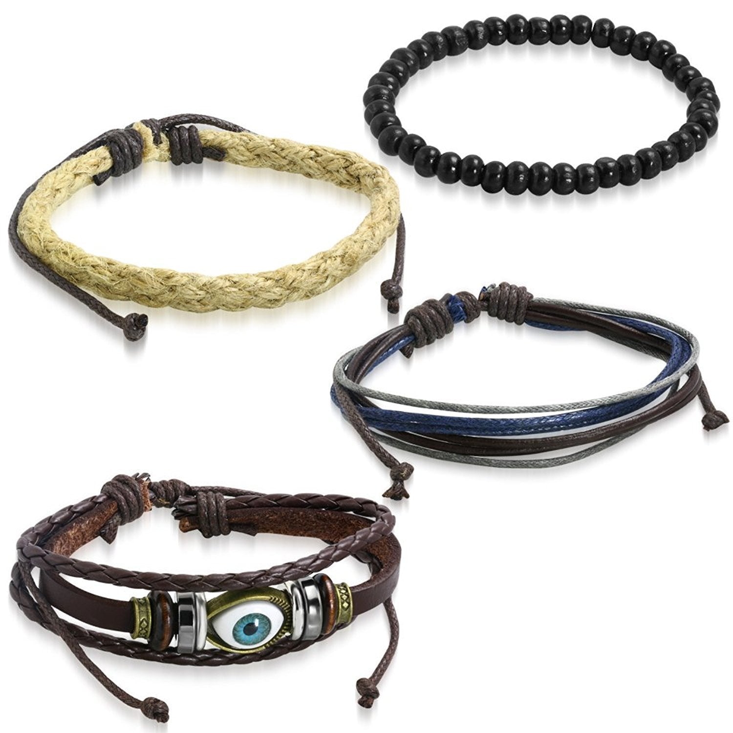 Leather Eyes Layer Made Charm Thread Strand Wrist Band Bracelet Combo