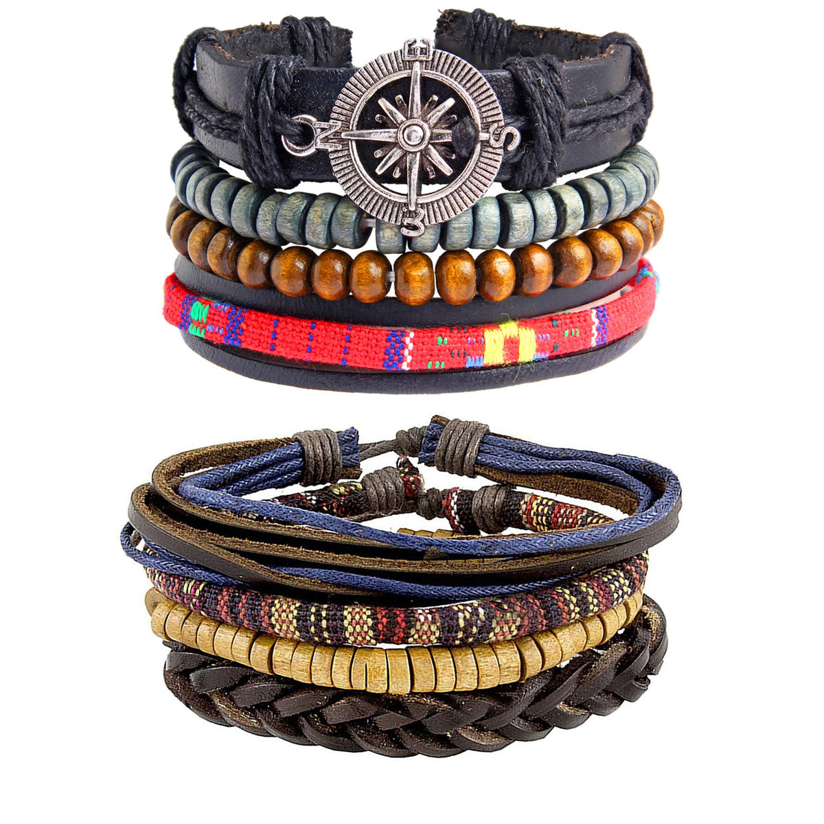 Leather Handmade Wood Biker Multistrand Wrist Band Bracelet Combo