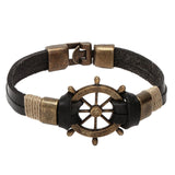 Rudder Anchor Brass Black Leather Wrist Band Strand Bracelet For Men