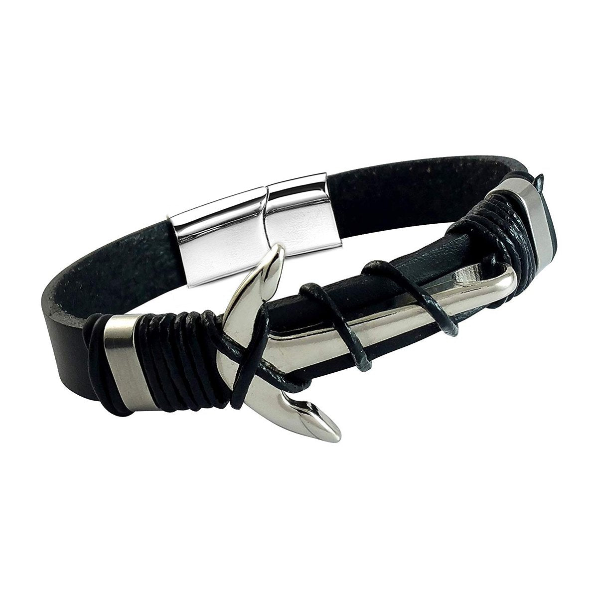 Silver Anchor Arrow Black Leather Stainless Steel Wrist Band Bracelet